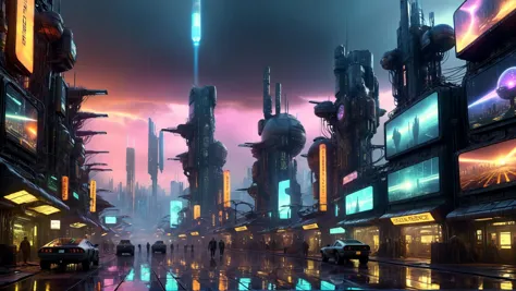 futuristic city with futuristic buildings and neon lights at night