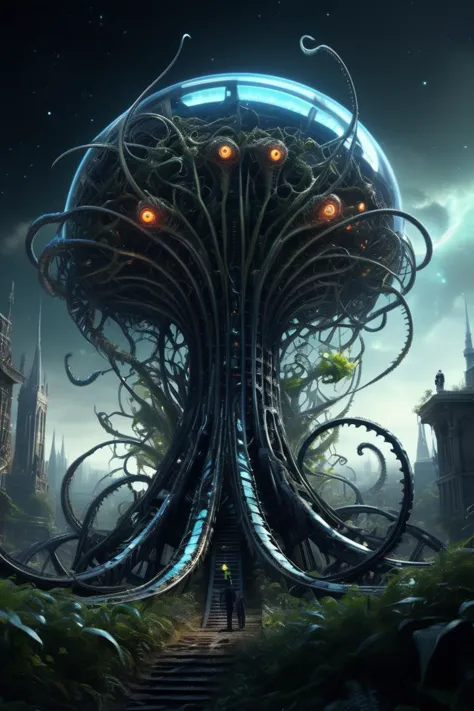 a man standing in front of a giant tree with tentacles