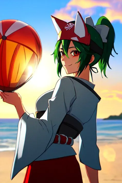 a woman holding a basketball ball on a beach near the ocean