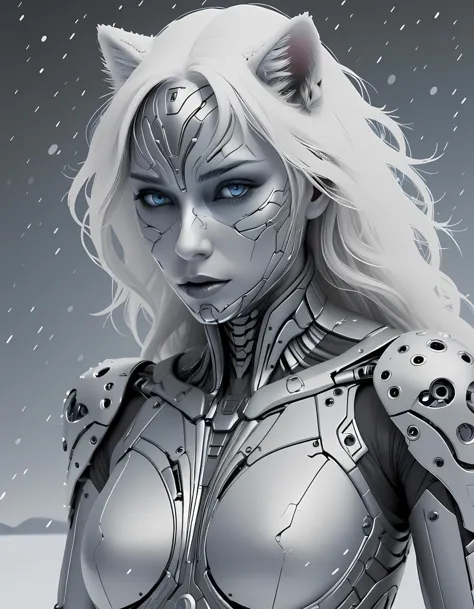 biomechanical style Frozen wasteland dominated by snow and ice at night, an imposing [human|Snow Leopard] Hybrid, wearing a tran...