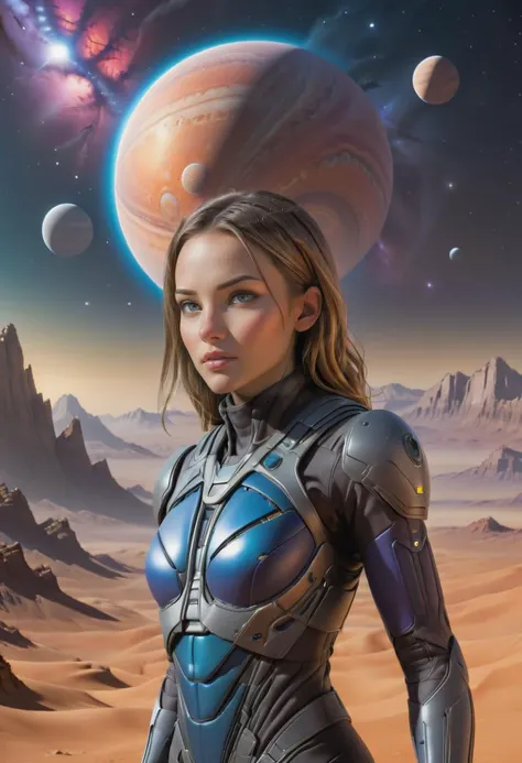 a woman in a futuristic suit standing in front of a planet