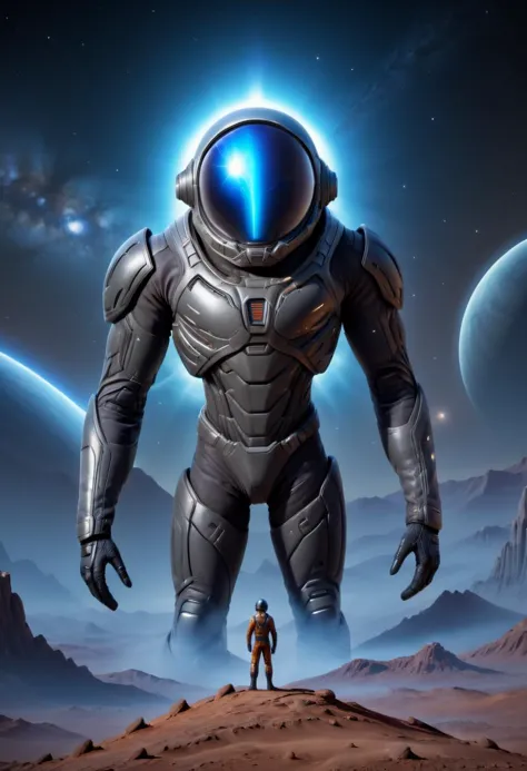 space-themed Conceptualize an epic artwork featuring a Person in Stillsuit Exploring Alien Worlds, focus person, futuristic tech...