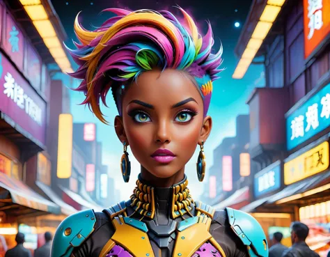 Arte atompunk vibrante e cativante em estilo anime 3D representando uma figura atraente, adornado com um traje destilador com detalhes intrincados, exala confiança enquanto ostenta um penteado hipnotizante e colorido que cai em cascata pelo rosto, seu olhar atravessa o espectador enquanto eles ficam altos, tendo como pano de fundo um movimentado mercado atompunk, abrace o contraste entre as cores vivas das bancas do mercado e a escuridão etérea do céu escuro da nebulosa acima, Alto contraste, estilo de Angus McKie e Edward Blair Wilkins,