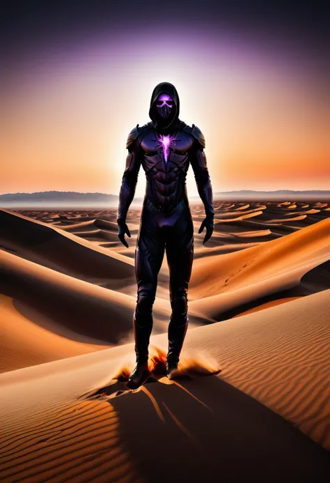 n a surreal landscape, a solitary figure stands before a vast expanse of rippling sand dunes, wearing a stillsuit, they appear almost as if they're merging with the surrounding terrain, face shrouded by shadow, their features obscured by rim lighting, sunset casting an orange glow across the barren wasteland, the figure raises their arms skyward, palms outstretched towards the heavens, And then, without warning, tendrils of violet flame erupt from their fingertips, dancing wildly in the twilight air, Is this a display of otherworldly power or a desperate plea for salvation, style of Slawomir Maniak, <lora:StillsuitXL_v1.31:0.8>