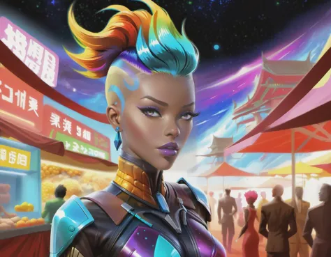 Arte atompunk vibrante e cativante em estilo anime 3D representando uma figura atraente, adornado com um traje destilador com detalhes intrincados, exala confiança enquanto ostenta um penteado hipnotizante e colorido que cai em cascata pelo rosto, seu olhar atravessa o espectador enquanto eles ficam altos, tendo como pano de fundo um movimentado mercado atompunk, embrace the contrast between the Cor vívidas of the market stalls and the ethereal darkness of the dark nebula sky above, Alto contraste, estilo de Angus McKie e Edward Blair Wilkins, Cor vívida, alto contraste, Olhos simétricos, 