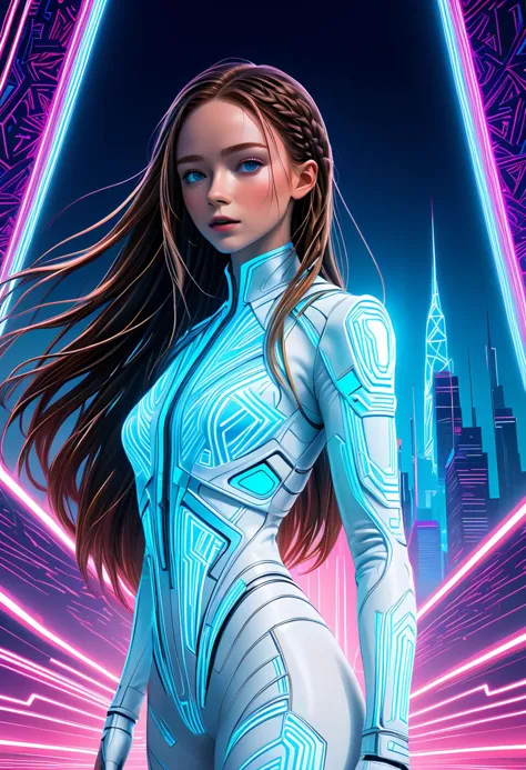 A stunning artwork inspired by the movie "Tron" showcases a character with long flowing hair styled in braids, woman, wearing in sleek white leather neon stillsuit with neon lights, withoutmask, yamer style, perfect athletic figure, they exude confidence and sophistication amidst the dark digital landscape, background is dominated by intricate patterns reminiscent of the film's futuristic aesthetic, creating an immersive experience for viewers, standing tall they are not only stylish but also a formidable force, volumetric lighting,  <lora:StillsuitXL_v1.31:0.75> stillsuit, withmask <lora:sad1es1nk11:1> Sadie Sink, woman