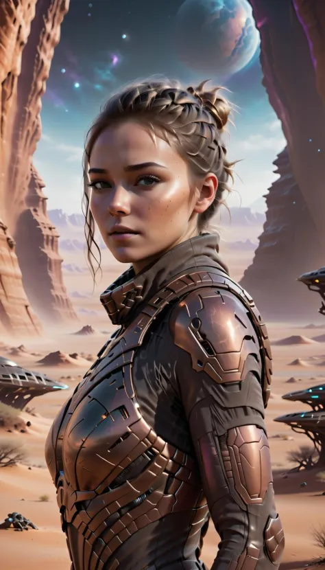 a woman in a futuristic outfit standing in front of a desert