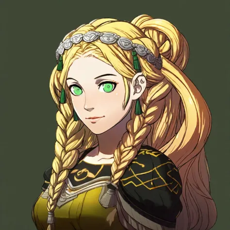 a portrait of a fire emblem girl with a simple green background, she has blonde braided  hair and green eyes, embodies sun-kisse...