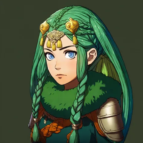 a portrait of a fire emblem girl with a simple green background, she is angry and young with green twin tail braided hair with p...