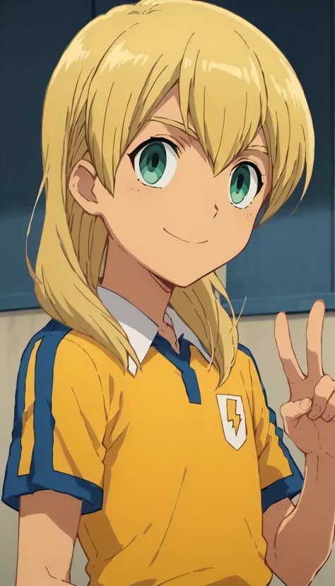 score_9, score_8_up, score_7_up, score_6_up, score_5_up, score_4_up, source_anime, 1boy, miyasaka ryou,  otoko no ko, blonde hair, green eyes, long hair, smile, pose,  ((v)), <lora:Miyasaka_Ryou:0.8>, anime screencap, <lora:Anime_Screencap:1>, raimon, raimon soccer uniform, sportswear, yellow shirt, blue shorts, <lora:Raimon_GO_Uniform:0.7>