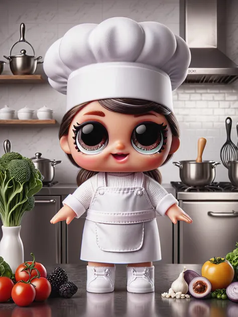 ais-lolz chef, with a focused yet joyful expression, wearing a white hat and apron, cooking in a gourmet kitchen. Surrounded by ...