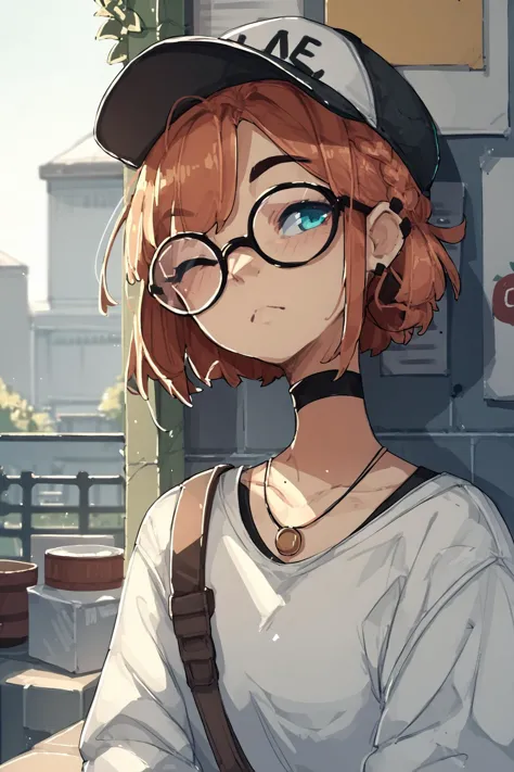 anime girl with glasses and a baseball cap sitting on a bench