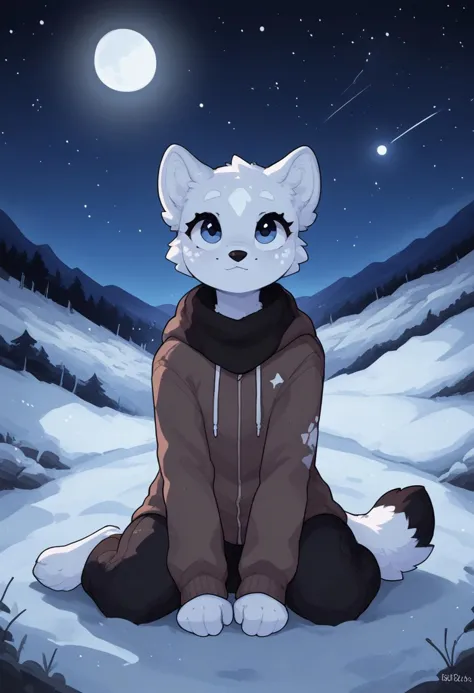 (easynegative:0.2 ) snow seopard, grey body,  white spots, furry, anthro, girl, solo, sitting, looks up ,   view, stars, night, ...