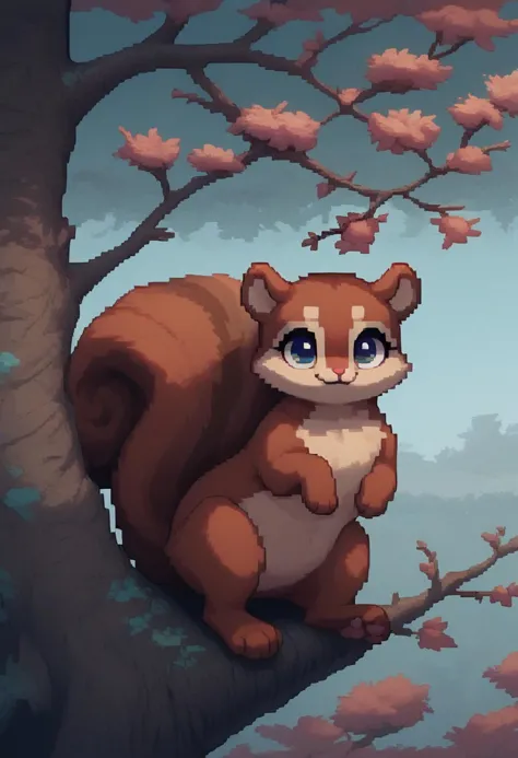 (easynegative:0.2 ) girl, squirrel, solo, furry, feral, big branch, on the tree, looking at viewer, nut in paws, shuuko, light colors, bright colours, cute, pixelart, pixel,