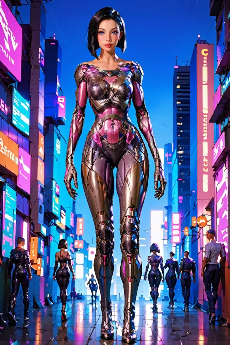 1girl,  cyborg, high heels, stand, full body, cyberpunk, future city, Bob Cut, black hair, walking, masterpiece, best quelity, 8...