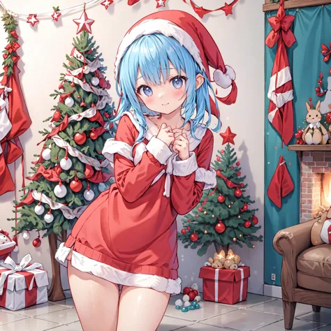 anime girl in santa outfit standing in front of christmas tree