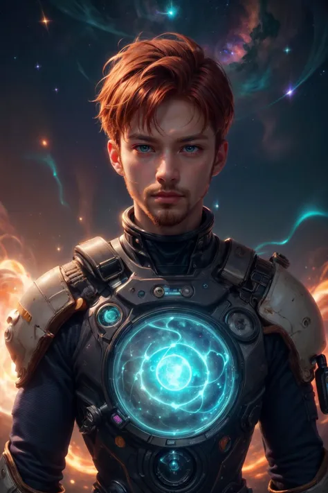 (masterpiece, best quality:1.4), (beautiful, aesthetic, perfect, delicate, intricate:1.2), (1man, thin adult  male:1.2),  teal eyes, ginger hair, fade with goatee, 
Style-GravityMagic,  solo, upper body, looking down, detailed background, detailed face, (alchemypunkai theme:1.1), cosmic traveler, wearing sleek colorful space suit,  insignia,  firm determination,  hair drifting, venturing beyond the stars, drifting particles,  solar flares in background, dramatic lighting, epic futuristic atmosphere,