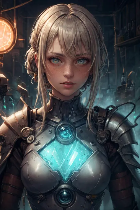masterpiece, best quality, (realistic), (perfect face), intricate, sharp focus, 1 girl, adult  woman, freckles, hazel eyes, light blonde fringe hair,
 portrait, (bloody scars:0.7), looking at viewer, solo, upper body, detailed background, close up, detailed face, (alchemypunkai theme:1.1), futuristic glowing digital platinum armor, thick bulky armor,  cape,   wires,    (open helmet:0.6),   epic  battlefield in background,  flashes of light, neon lights,   electricity,  screens, hologram, cinematic atmosphere,