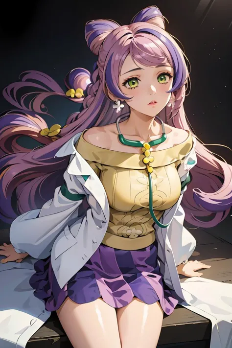 (masterpiece, best quality), 1girl, aamiriam,multicolored hair,long hair,hair bun,bangs,earrings,large breasts,stethoscope,labcoat,white coat,open clothes,yellow sweater,off shoulder,long sleeves,sleeves past wrists,skirt,purple skirt,bandaid,bandaid on leg,sandals