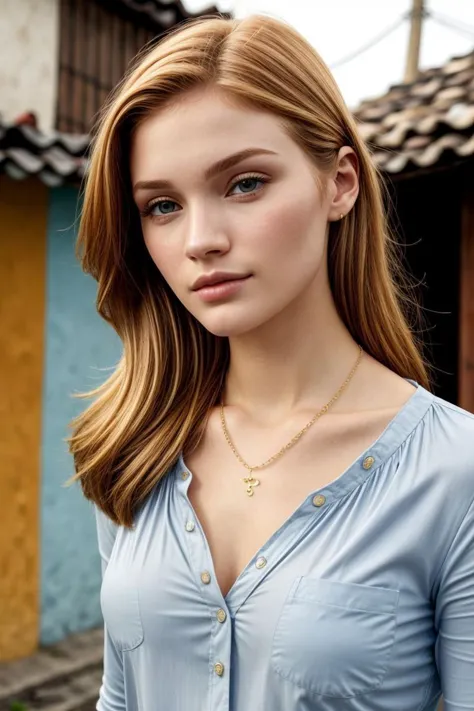 European woman, closeup, (shirt), pants, (favela houses), gold necklace , ZM_nathalie , wide shoulders, perfect face, (contact iris: 1.1), pale skin, skin pores , depth of field