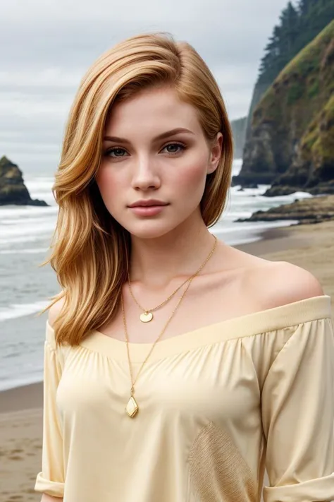 European woman, closeup, (shirt), pants, (oregon coast), gold necklace , ZM_nathalie , wide shoulders, perfect face, (contact ir...