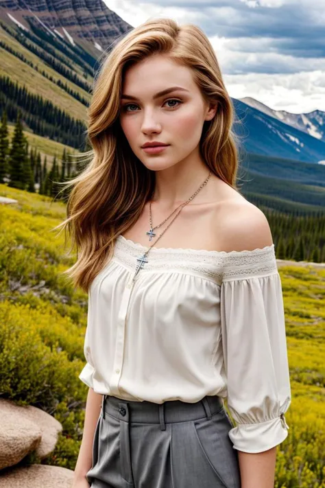 European woman, closeup, (shirt), pants, (rocky mountain national park), cross necklace , ZM_nathalie , wide shoulders, perfect face, (contact iris: 1.1), pale skin, skin pores , depth of field