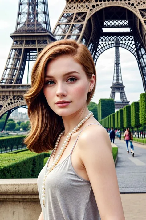 European woman, closeup, (shirt), pants, (eiffel tower), pearl necklace , ZM_nathalie , wide shoulders, perfect face, (contact iris: 1.1), pale skin, skin pores , depth of field