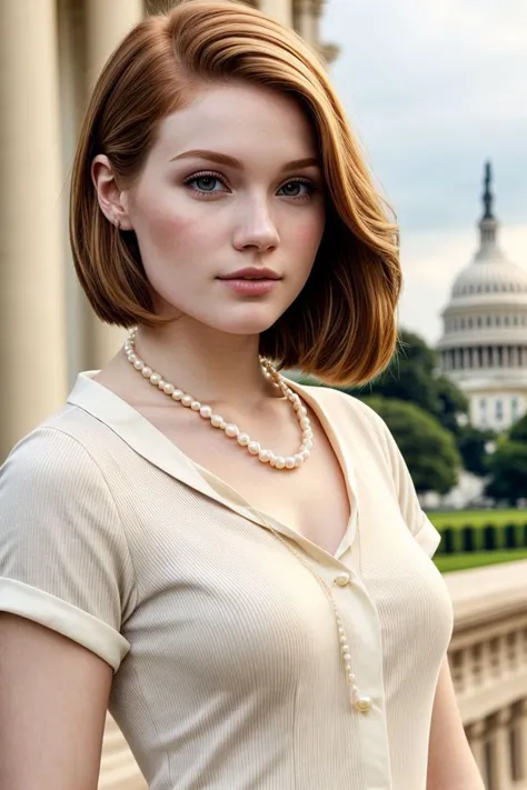 European woman, closeup, (shirt), pants, (us capitol), pearl necklace , ZM_nathalie , wide shoulders, perfect face, (contact iris: 1.1), pale skin, skin pores , depth of field