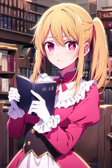 anime girl in a library holding a book and looking at the camera