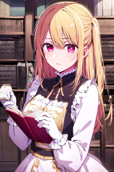 masterpiece, best quality, <lyco:Ruby3:0.7>, ruby hoshino, +_+, blonde hair, expressionless, looking at viewer, 1girl, solo,, detailed eyes,  upperbody, frilled dress, frilled sleeves, long sleeves, white gloves, frills, holding book, bookshelf, library,