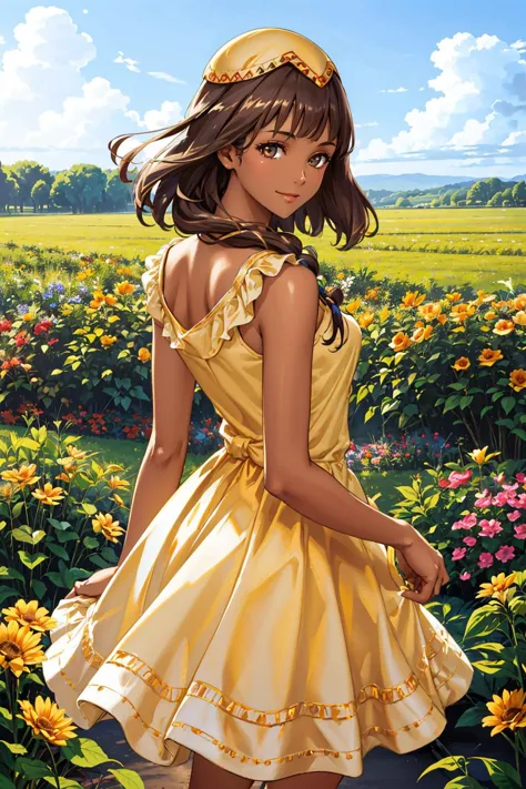 masterpiece, best quality,  <lora:cruxie-nvwls-v1-000010:1> cruxie, dark skin, hat, yellow sundress, from behind, garden, fields...