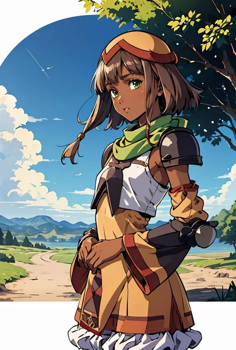 (masterpiece, best quality), 1girl,   <lora:cruxie-nvwls-v1:0.8> cruxie, dark skin, hat, tan dress, green scarf, detached sleeves, hat, tan dress, armor, detached sleeves, bloomers