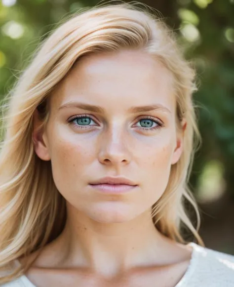 a close up of a woman with blonde hair and blue eyes