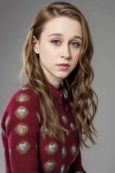 a woman with long hair and a sweater posing for a picture