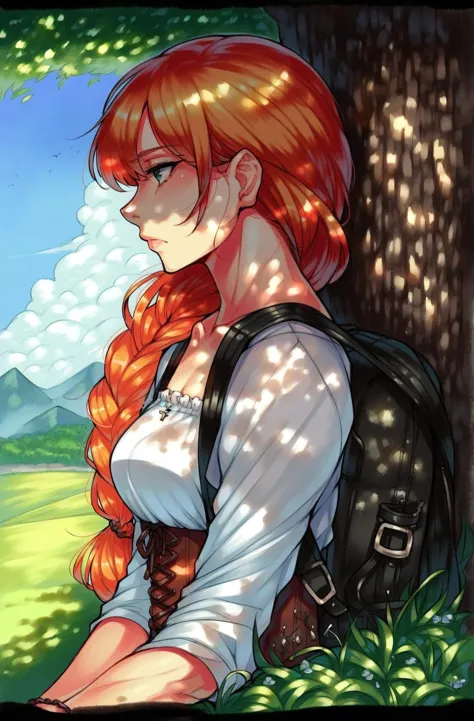 score_9,score_8_up,score_7_up,score_6_up,score_5_up,score_4_up 1girl,solo,long hair,breasts,shirt,long sleeves,dress,jewelry,sitting,closed mouth,collarbone,white shirt,upper body,braid,red hair,outdoors,sky,day,cloud,bag,orange hair,bracelet,from side,tree,blue sky,lips,profile,looking away,looking down,sunlight,backpack,grass,letterboxed,nature,hair over shoulder,corset,mountain,shade,cross-laced clothes,dappled sunlight,german clothes,bodice,under tree <lora:OmarDogantXL:0.8> score_9, source_anime, marker \(medium\), traditional media