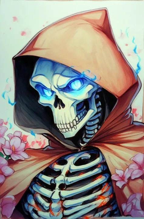 a painting of a skeleton with a hood and cape on