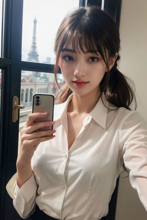 selfie, hair over eye, smile, wearing formal shirt,, girl,25 years old,
slender girl with Oval face shape,High cheekbones,Slender nose,Full lips,Sharp jawline,
Round shaped beautiful eyes,Long and thick eyelashes,Eye color is black or dark brown,friendly s...