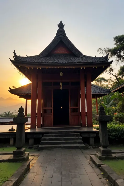 indonesian temple, nature, sunrise,, , masterpiece, (best quality:1.2), [:intricate details:0.2],