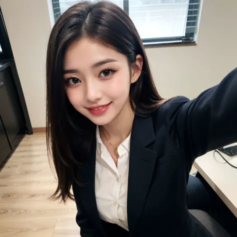 selfie, hair over eye, (smile, happy face, open mouth), wearing formal shirt and blazer, (at office at night),, girl,25 years old,
slender girl with Oval face shape,High cheekbones,Slender nose,Full lips,Sharp jawline,
Round shaped beautiful eyes,Long and thick eyelashes,Eye color is black or dark brown,friendly soft and cheerful eyes,
Long straight hair,Dark brown hair,Styled in a center part with no bangs,Typically worn loose or in a low ponytail,
small breast,narrow waist,, , masterpiece, (best quality:1.2), [:intricate details:0.2],