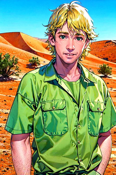 a close up of a man in a green shirt standing in a desert