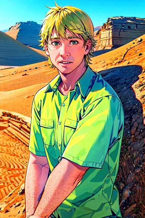 a cartoon of a man in a green shirt sitting on a rock