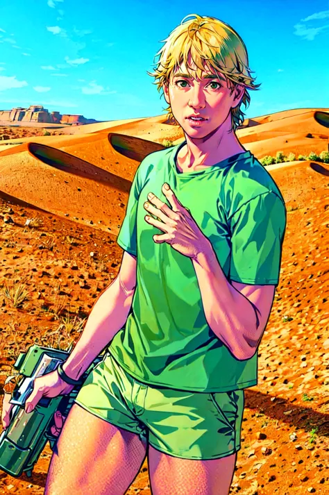 a cartoon of a man in green shirt holding a camera