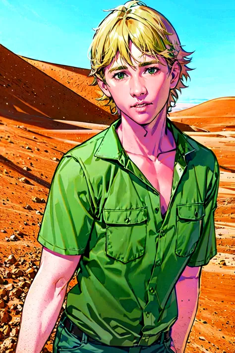 a cartoon of a man in a green shirt standing in the desert