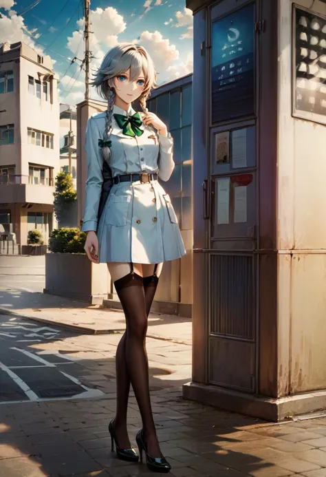 score_9,score_8_up,score_7_up,score_6_up,source_anime, <lora:Worldly_XL:1.40>
(low horizon, open sea, clear sky:1.7), pavement, evening light
1girl, solo, long legs, walking on seaside, 
izayoi sakuya, <lora:izayoi_sakuya_image4179_2023-12-11-000007:1.25> casual clothes, black left thigh strap, black thighhighs, twin braids, blue eyes, silver hair, green bows, green bowtie, flat chest, small breasts, hair between eyes,  shoes, delicate strappy heels, pocket watch, black garter straps, 
<lora:loraeyesxl:0.50>
zPDXL, zPDXL-neg
<lora:StS_detail_slider_v1:4>