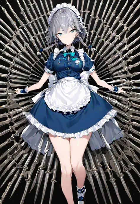 a close up of a woman in a maid outfit on a throne