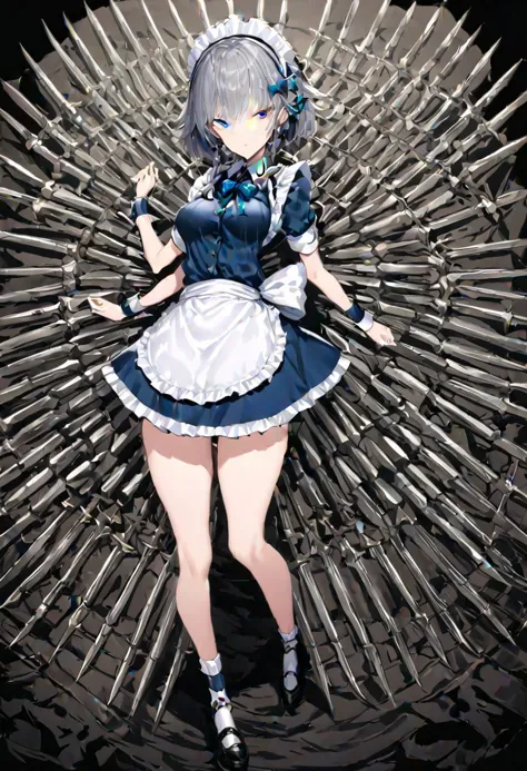 a close up of a woman in a maid outfit on a throne