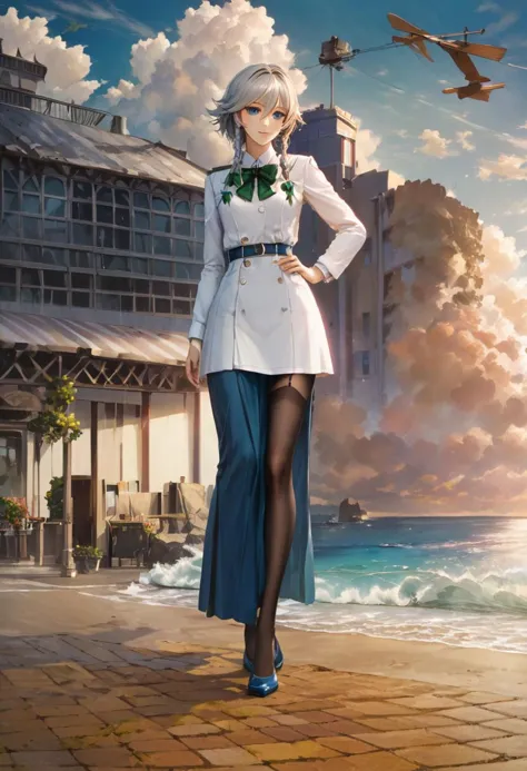 score_9,score_8_up,score_7_up,score_6_up,source_anime, <lora:Worldly_XL:1.40>
(low horizon, open sea, clear sky:1.7), pavement, evening light
1girl, solo, long legs, walking on seaside, 
izayoi sakuya, <lora:izayoi_sakuya_image4179_2023-12-11-000007:1.25> casual clothes, black left thigh strap, black thighhighs, twin braids, blue eyes, silver hair, green bows, green bowtie, flat chest, small breasts, hair between eyes,  shoes, delicate strappy heels, pocket watch, black garter straps, 
<lora:loraeyesxl:0.50>
zPDXL, zPDXL-neg
<lora:StS_detail_slider_v1:4>