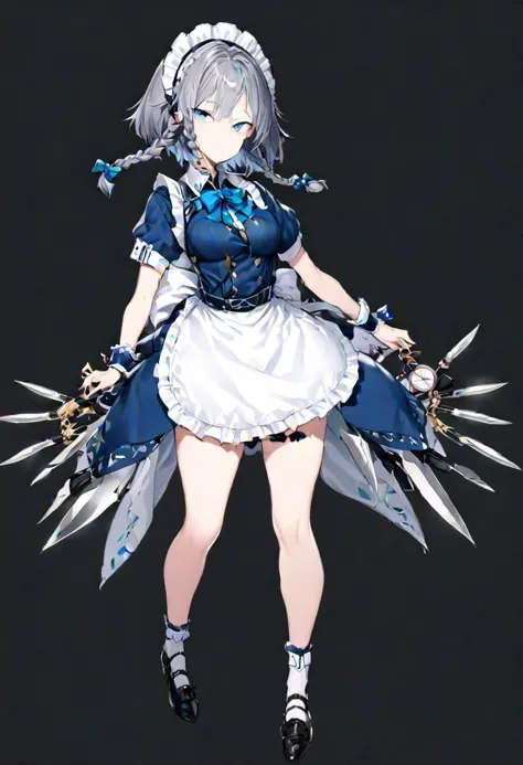 masterpiece, best quality, ultra-detailed, beautiful, nai3, 1girl, solo, full_body, tachi-e, 
izayoi_sakuya, solo, 1girl, pocket_watch, knives between fingers, knife, lace, short_hair, bow, blue_eyes, ribbon, hair_bow, grey_hair, short_sleeves, braid, apron, wrist_cuffs, maid_headdress, maid, twin_braids, hair_flaps,