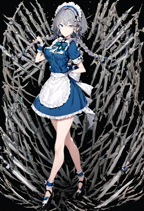 a close up of a woman in a maid outfit standing in front of a bunch of barbed wire