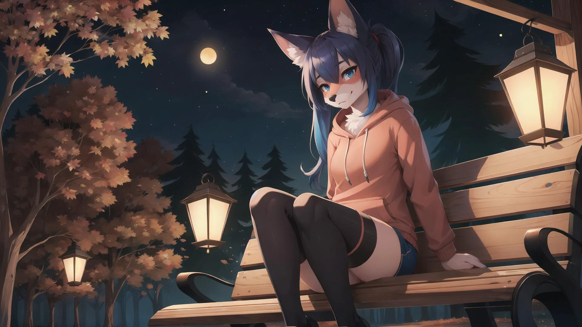 well defined female,fox ears,fox tail,sitting on a bench,thighhighs,shorts,hoodie with design,scarf,long messy shiny dark blue hair,long messy twintails,deep in the forest,autumn,windy,lanterns,night sky,night,anthro,